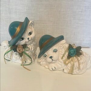 Charming Ceramic Cat & puppy Figurines with Hats